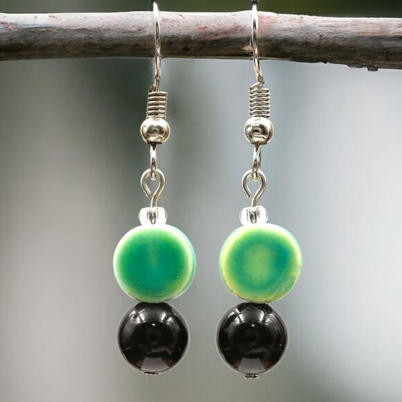 Artisan Jewelry - Teal & Black Circle Drop Earrings | Handcrafted